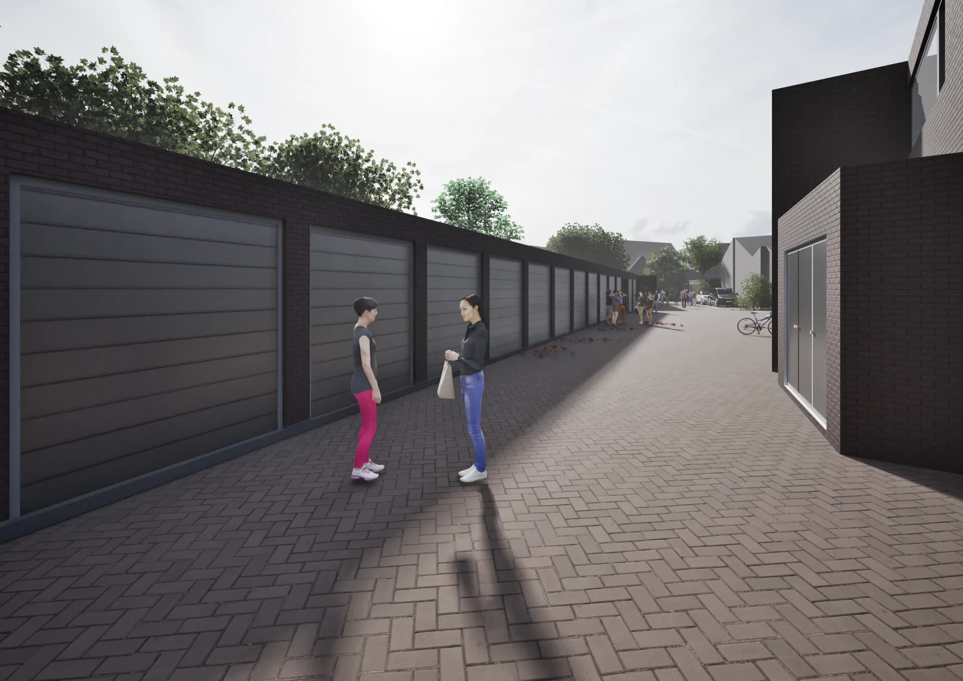 Garageboxen langs het binnenterrein met terreinverlichting