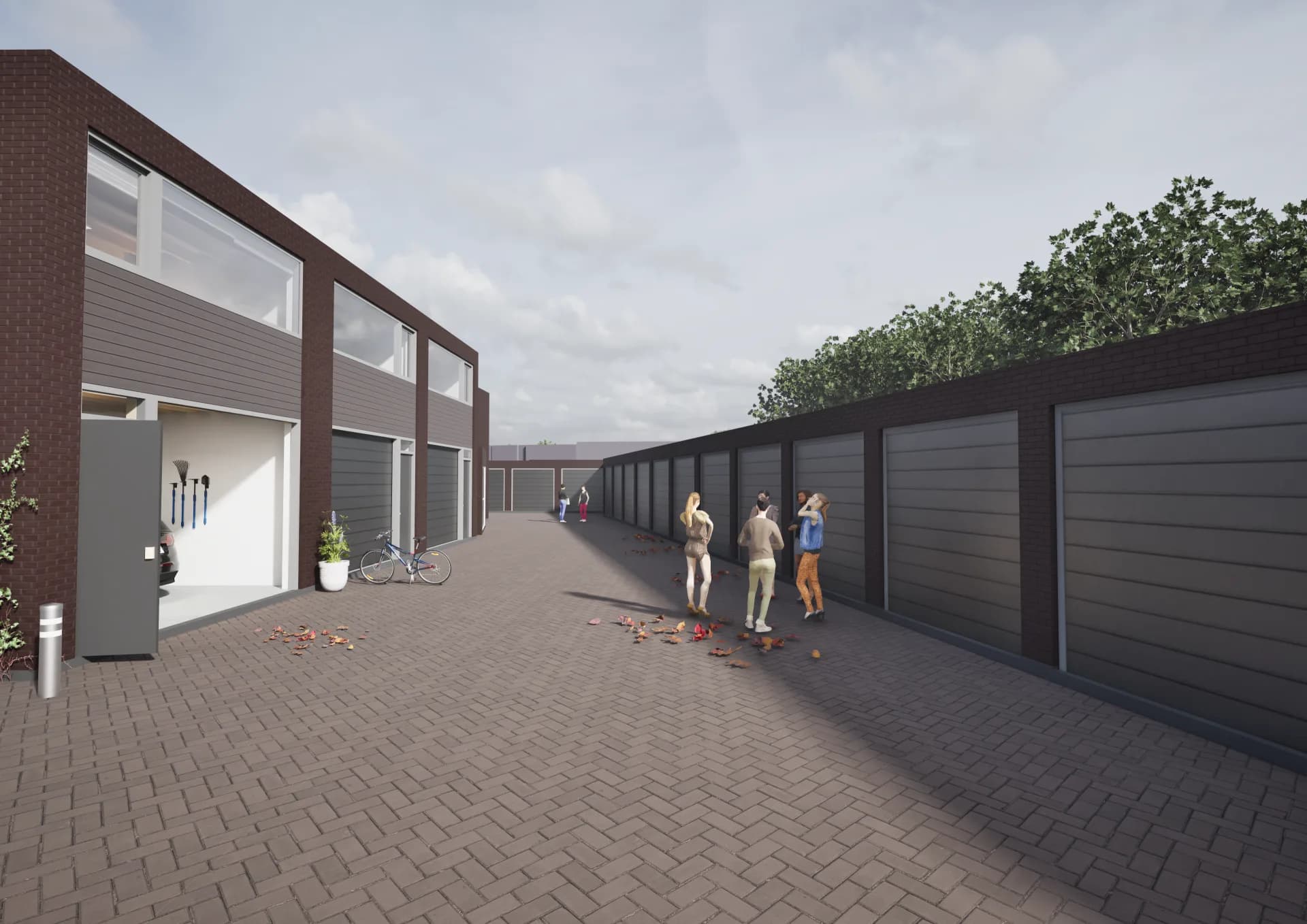 Binnenterrein met de toegangsweg tussen de garageboxen