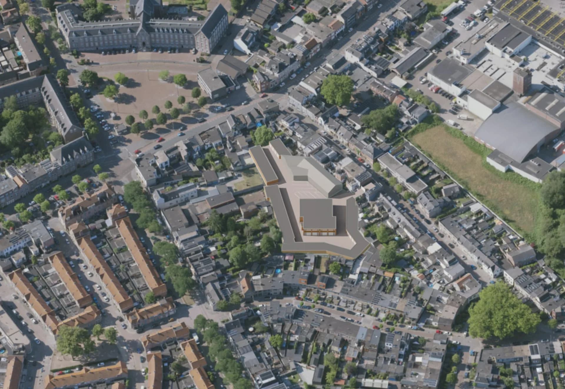 Luchtfoto van het terrein aan de Kolfbaanstraat in Breda waar 64 garageboxen en 10 parkeerplaatsen worden gerealiseerd